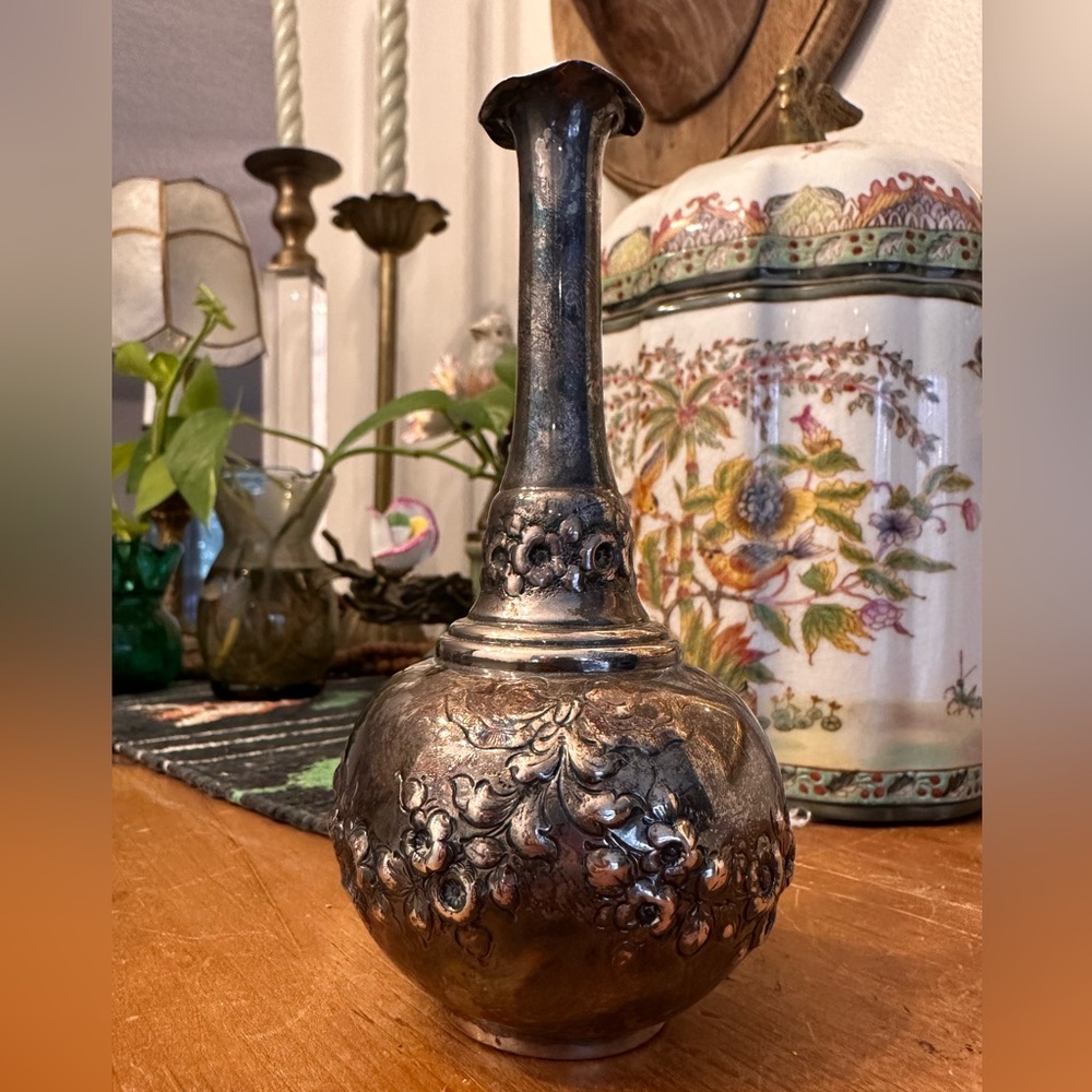 Vintage French Floral Embossed Sterling Silver Decorative Vase